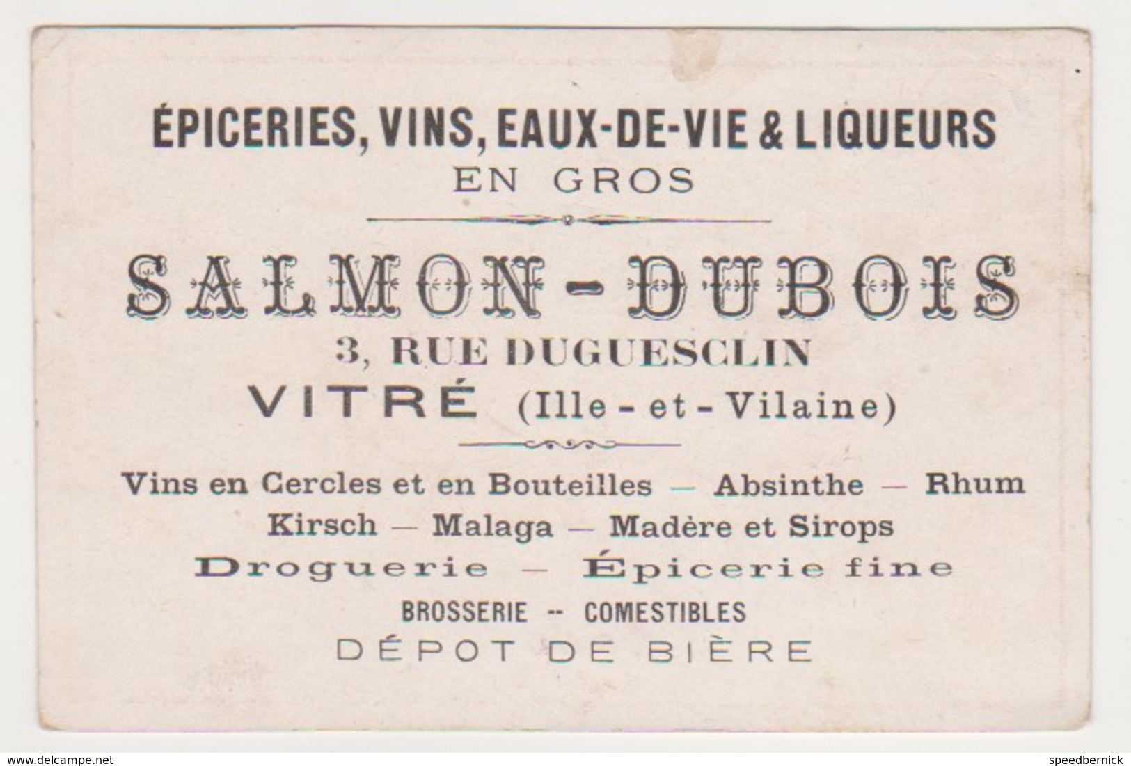 26795 Chromo VITRE 35 France Salmon Dubois 3 Rue Duguesclin -epiceries Vins Liqueurs Droguerie -fillette Oiseau - Autres & Non Classés