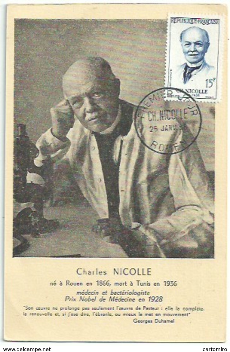 Célébrités - Charles Nicolle Né à Rouen - Prix Nobel - Carte Premier Jour - Prix Nobel