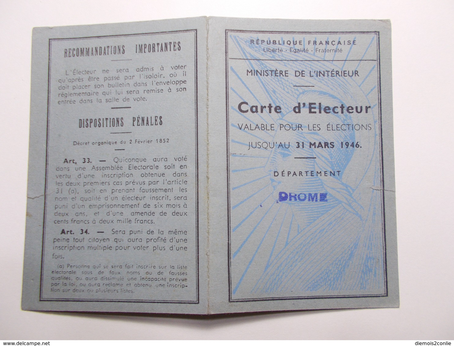 Document Carte Electeur 18/09/1945  St Marcel Les Valence (15/16) - Non Classés