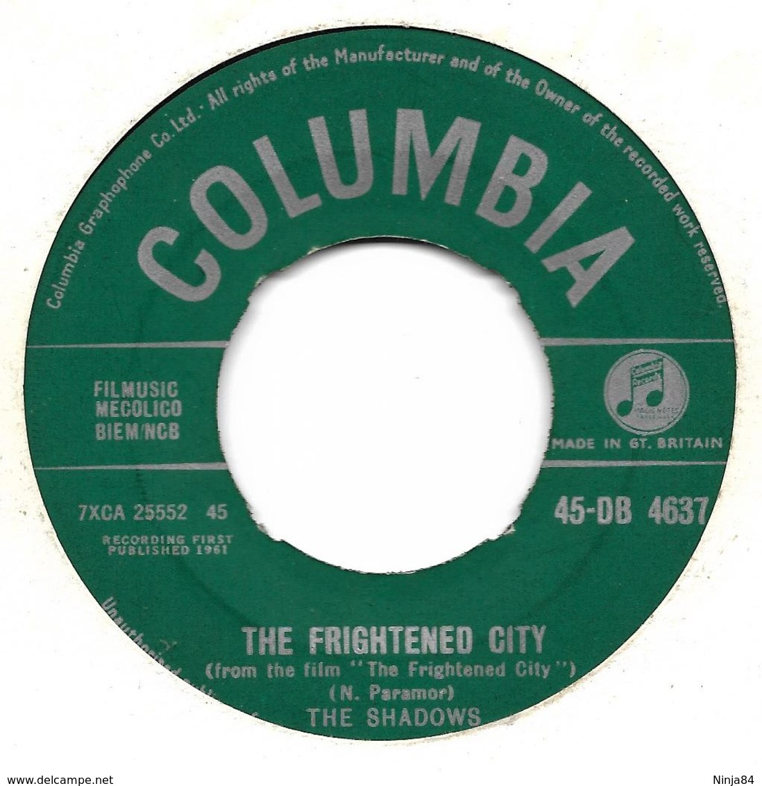 SP 45 RPM (7")   The Shadows  "  The Frightened City  "  Angleterre - Strumentali