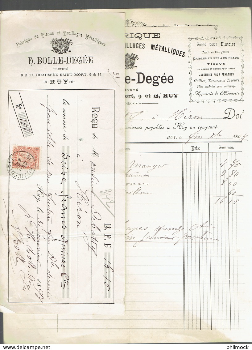 M-Facture Et Reçu - H.Bolle-Degée A Huy Obl Héron-Burdinne Et Huy(centre) Le 28-Janvier-1897 Sur 57 Vers Héron - 1800 – 1899