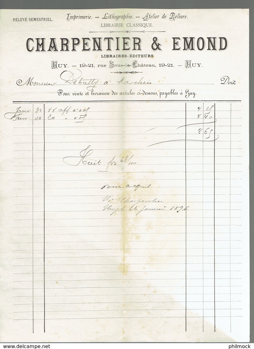 M-Facture - Charpentier & Emond - Librairie Classique A Huy  Le 24-Janvier-1896 Vers Marchin - 1800 – 1899