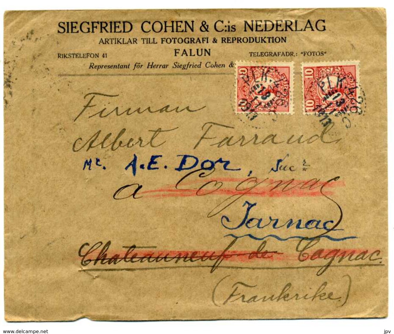 SUEDE - ENVELOPPE SIEGFRIED COHEN & C:is NEDERLAG - FALUN + AVEC NOMBREUX CACHETS - 1910-1920 Gustaf V