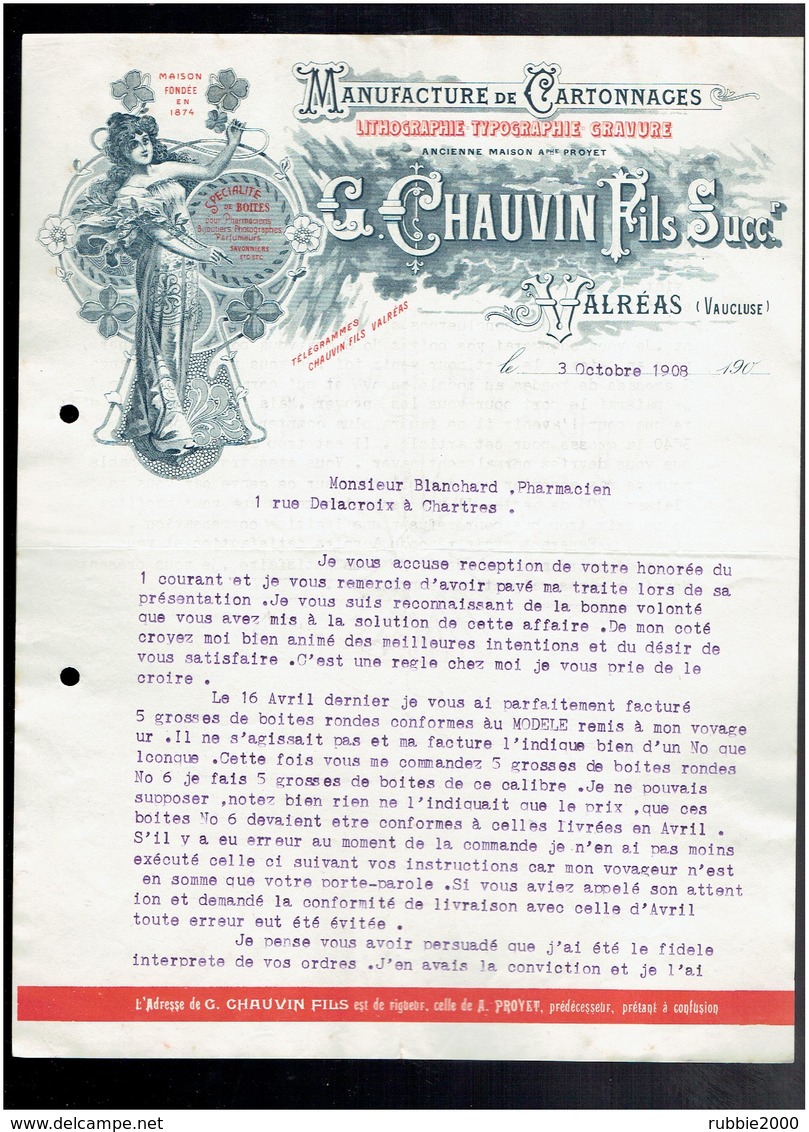 FACTURE 1908 MANUFACTURE DE CARTONNAGES CHAUVIN A VALREAS VAUCLUSE - Imprimerie & Papeterie