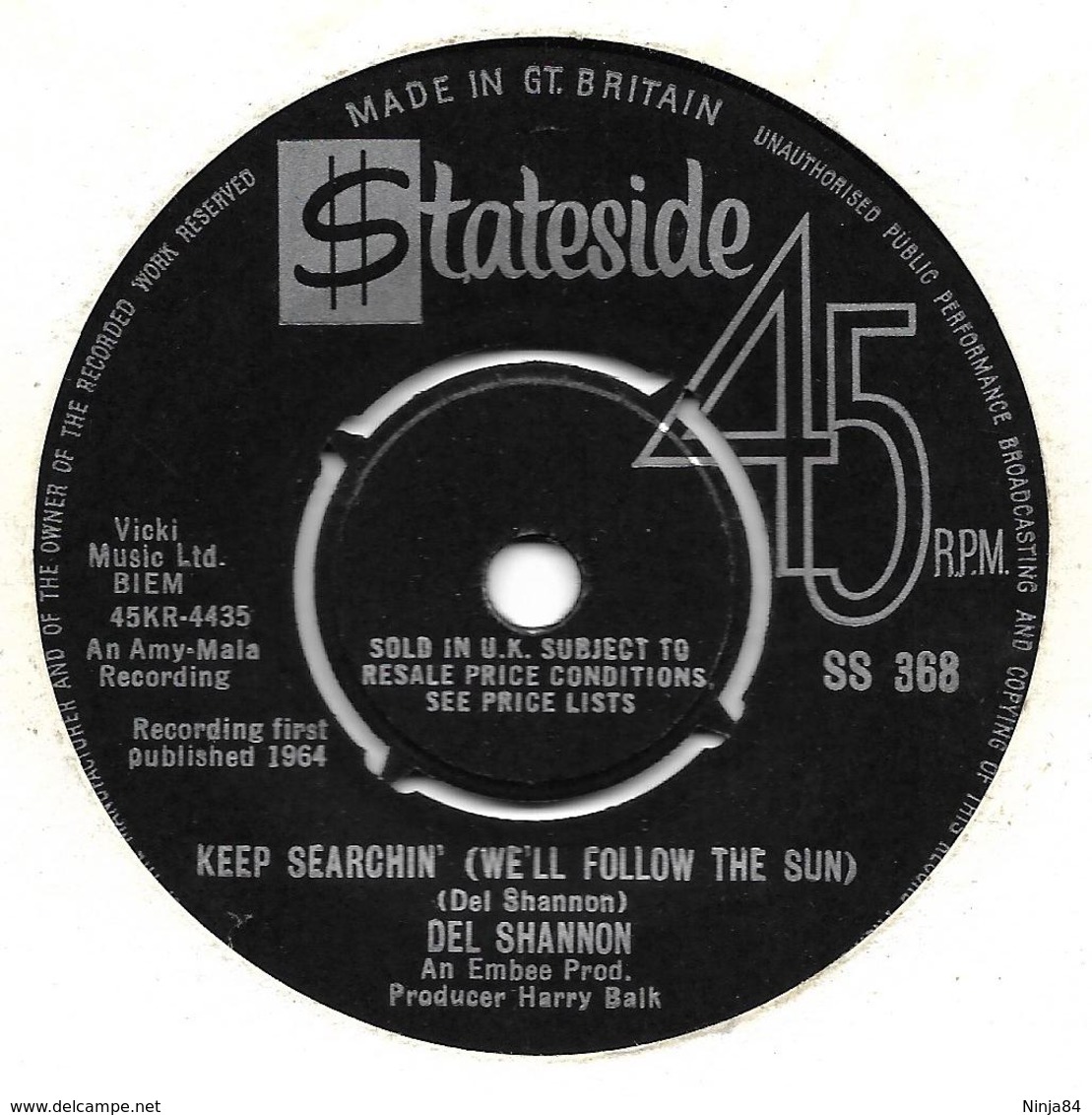 SP 45 RPM (7")  Del Shannon  "  Keep Searchin' (We'll Follow The Sun)  " Angleterre - Rock