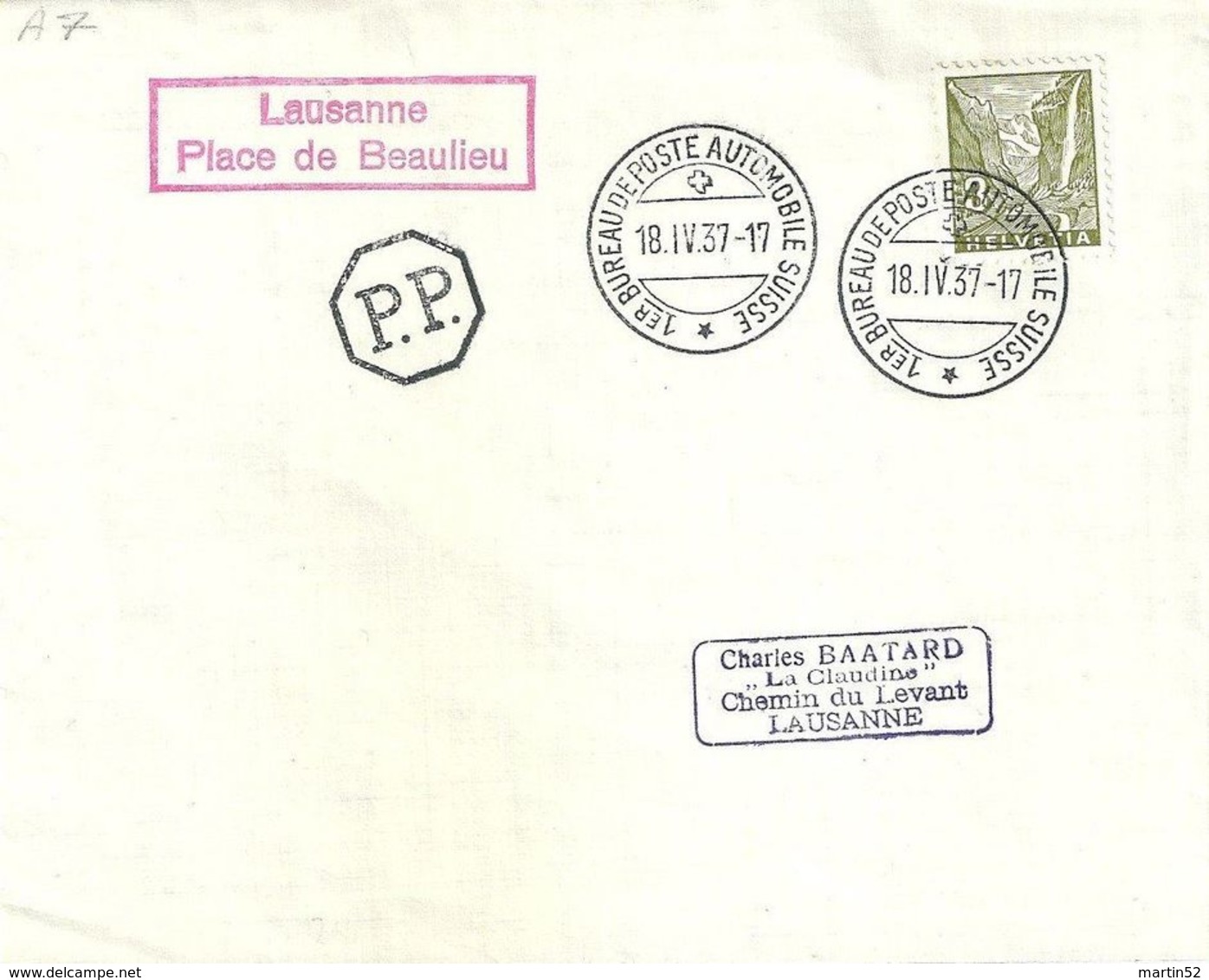 Schweiz 1937: Zu 194 Mi 270 Yv 271 O 194 O Lausanne Place De Beaulieu PP 18.IV.37 BUREAU POSTE AUTOMOBILE (Zu CHF 11.00) - Lettres & Documents
