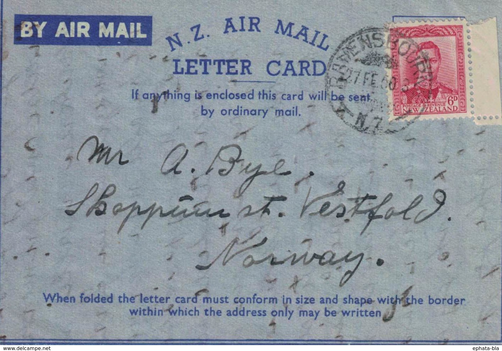 New Zealand, Ravensbourne => Norvège, Vestfold 27-02-1950 - Airmail