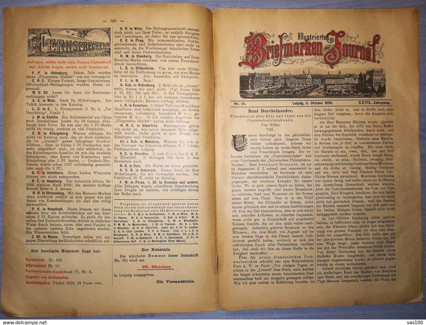 ILLUSTRATED STAMPS JOURNAL- ILLUSTRIERTES BRIEFMARKEN JOURNAL MAGAZINE, LEIPZIG, NR 19, OCTOBER 1900, GERMANY - Alemán (hasta 1940)