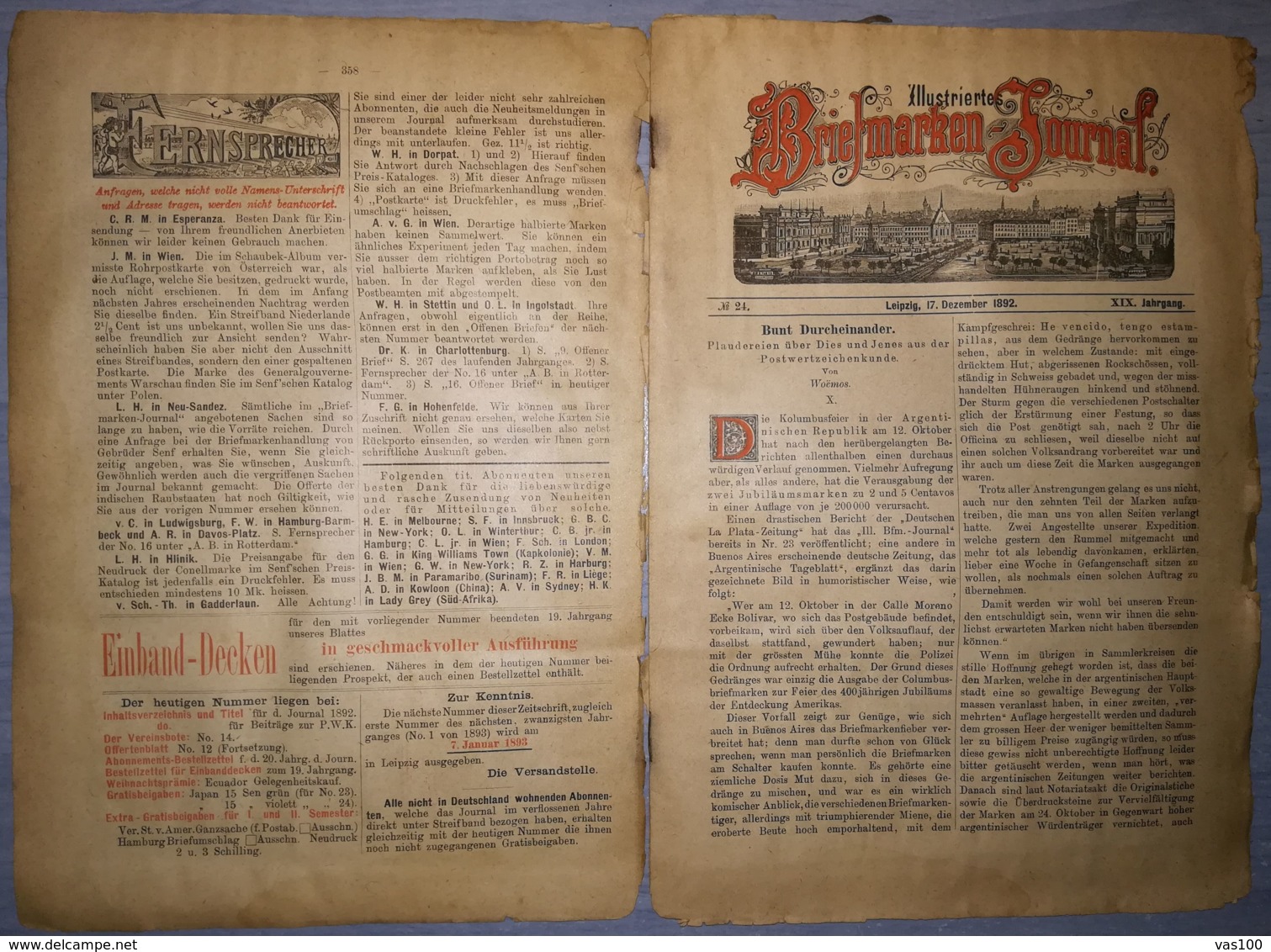 ILLUSTRATED STAMPS JOURNAL- ILLUSTRIERTES BRIEFMARKEN JOURNAL MAGAZINE, LEIPZIG, NR 24, DECEMBER 1892, GERMANY - Alemán (hasta 1940)