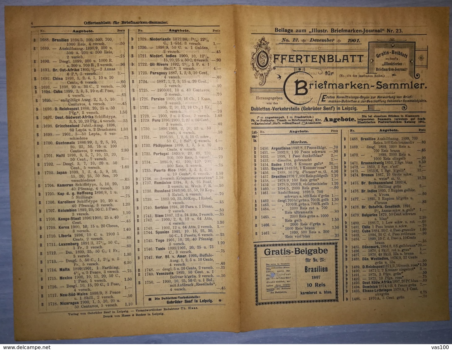 ILLUSTRATED STAMPS JOURNAL- ILLUSTRIERTES BRIEFMARKEN JOURNAL MAGAZINE SUPPLEMENT, PRICE LIST, LEIPZIG, 1901, GERMANY - Tedesche (prima Del 1940)