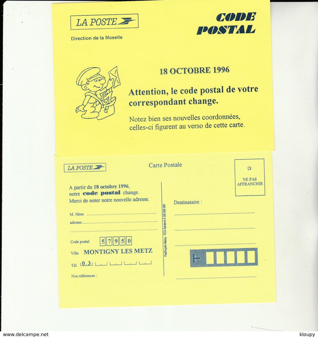 E 1 - Carte De Changement De Code Postal MONTIGNY LES METZ - Documents De La Poste