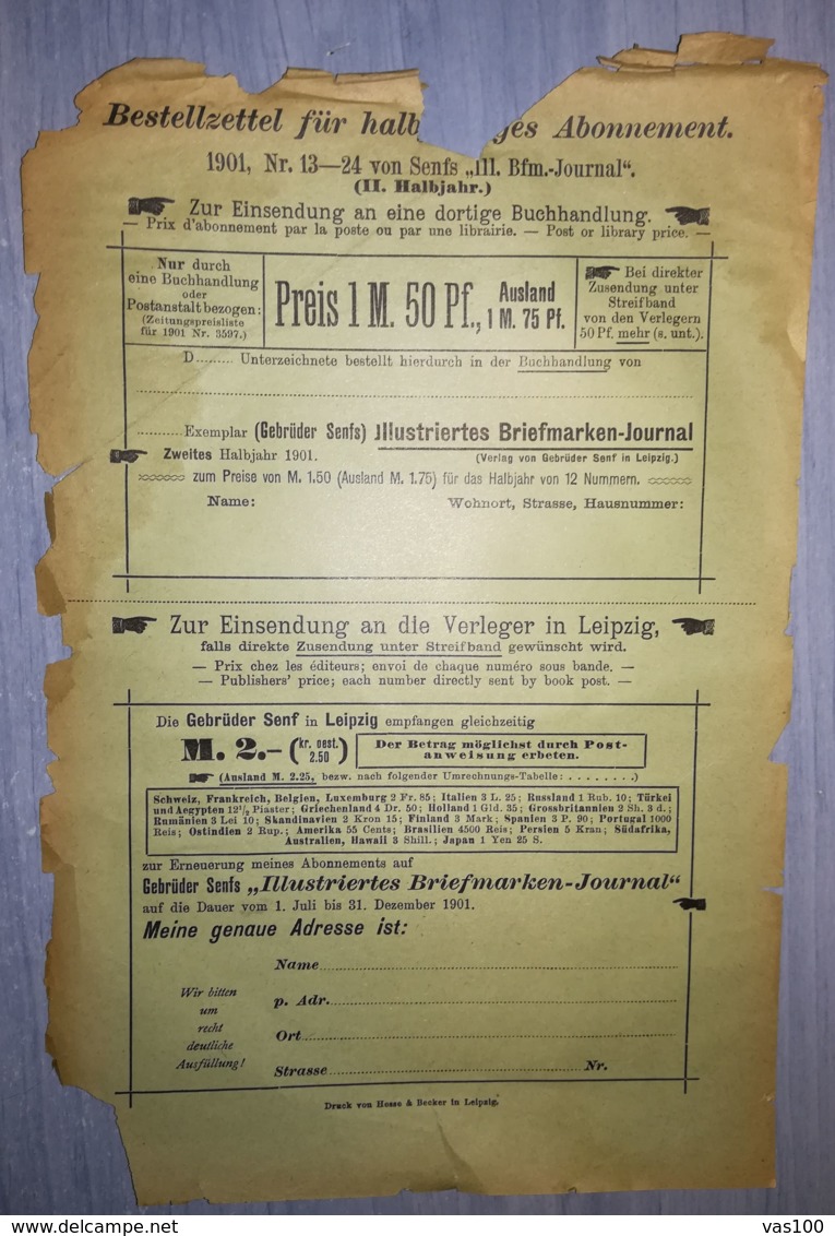 ILLUSTRATED STAMP JOURNAL- ILLUSTRIERTES BRIEFMARKEN JOURNAL MAGAZINE SUBSCRIPTION ORDER, 1901, GERMANY - German (until 1940)