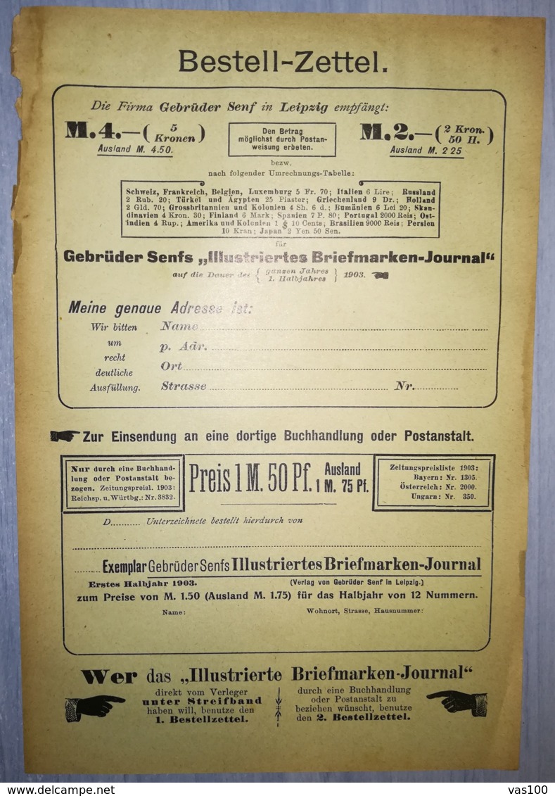 ILLUSTRATED STAMP JOURNAL- ILLUSTRIERTES BRIEFMARKEN JOURNAL MAGAZINE SUBSCRIPTION ORDER, 1903, GERMANY - German (until 1940)