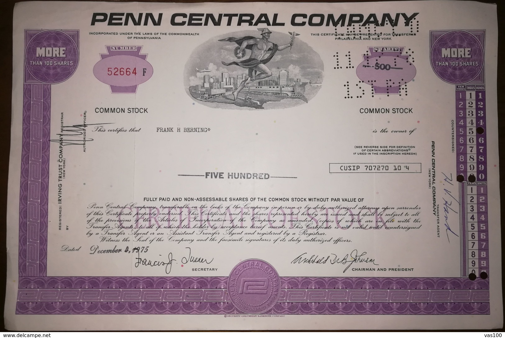 SHAREHOLDINGS, COMMON STOCK AT PENN CENTRAL COMPANY, RAILWAY, TRAINS, 1975, USA - Transportmiddelen