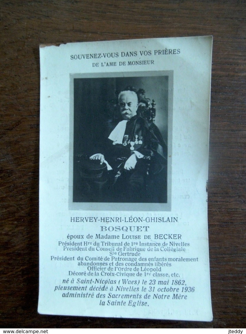 Doodsprentje    Hervey -  Henri - Léon - Ghislain  BOSQUET  Né à SAINT - NICOLAS ( Waes ) 1862   Déc ... à NIVELLES1936 - Décès