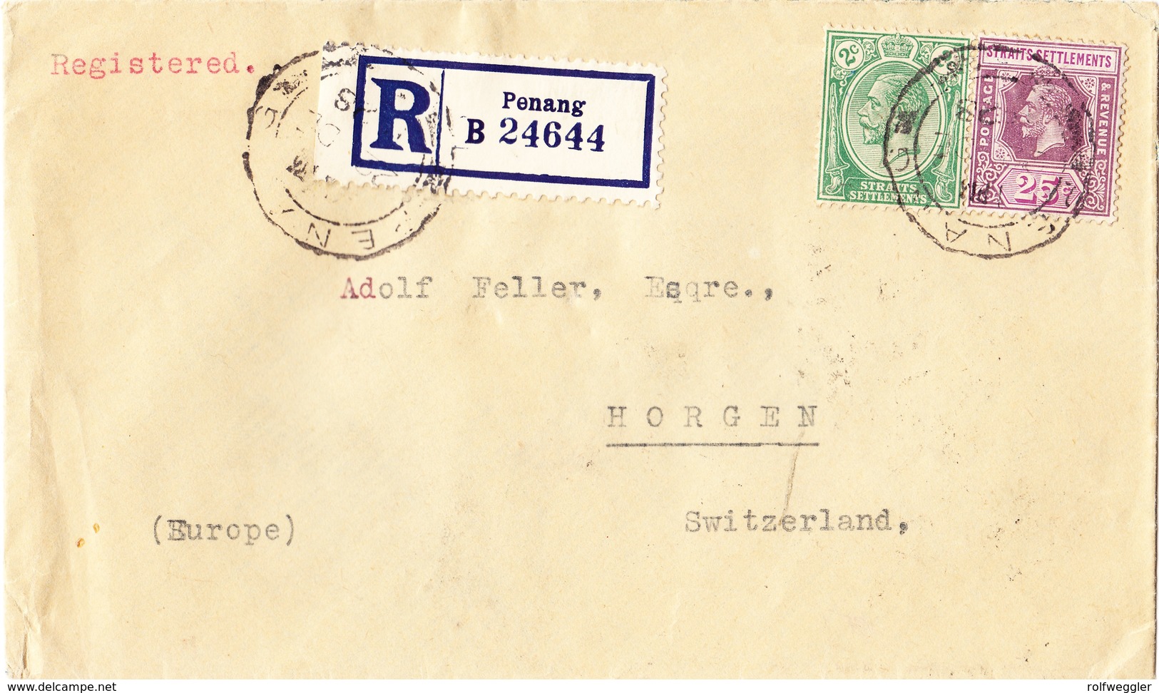 1929 R-Brief Aus Penang Mit Italienischer Eisenbahn Nach Horgen - Penang