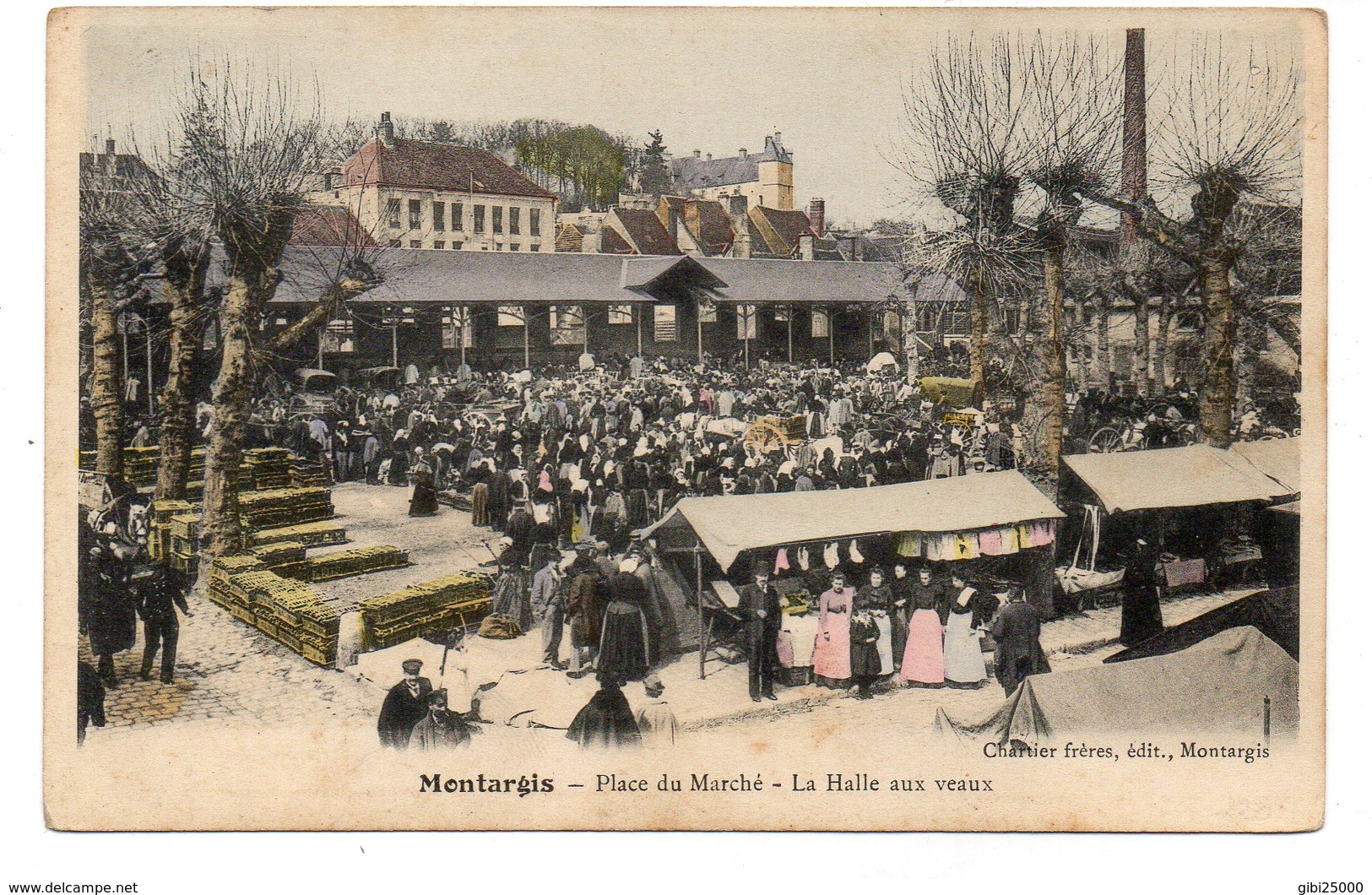 CPA 45 - MONTARGIS - PLACE DU MARCHE - LA HALLE AUX VEAUX (CARTE COLORISEE) - Montargis