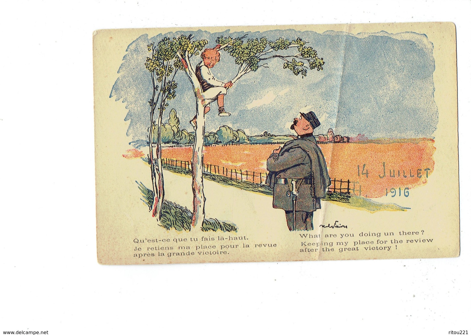 Cpa Illustrateur Faivre - Guerre 14-18 Patriotique - Garçon Dans Un Arbre Soldat En Uniforme - 14 Juillet 1916 - Faivre