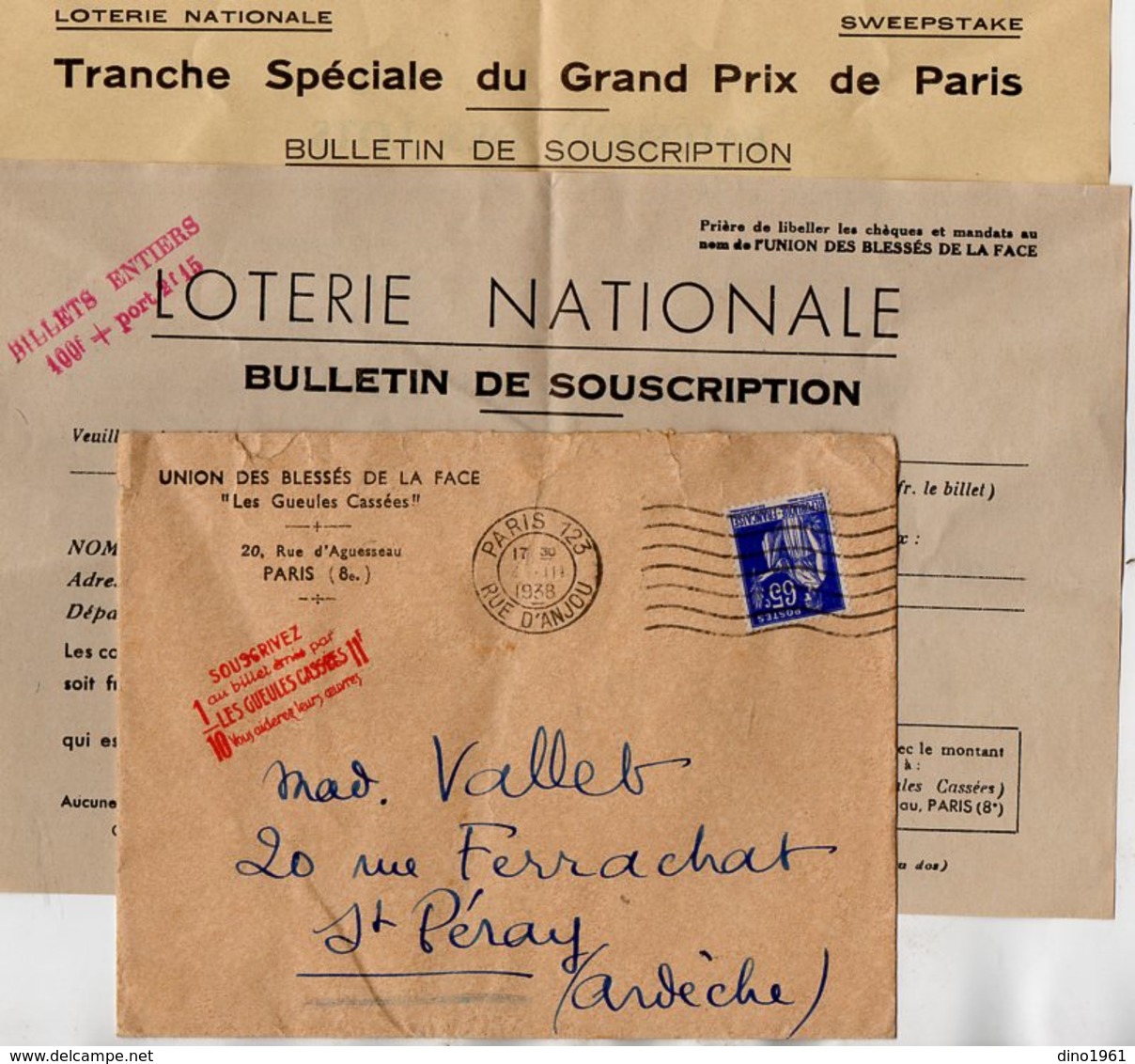 VP14.364 - PARIS 1938 - Loterie Nationale - Enveloppe & 2 Bulletins De Souscription De L'U.B.F. ( Les Gueules Cassés ) - Documenten