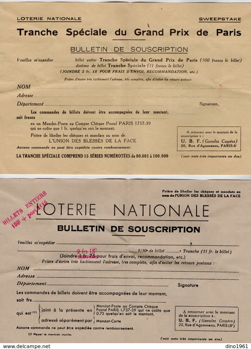 VP14.364 - PARIS 1938 - Loterie Nationale - Enveloppe & 2 Bulletins De Souscription De L'U.B.F. ( Les Gueules Cassés ) - Documenten