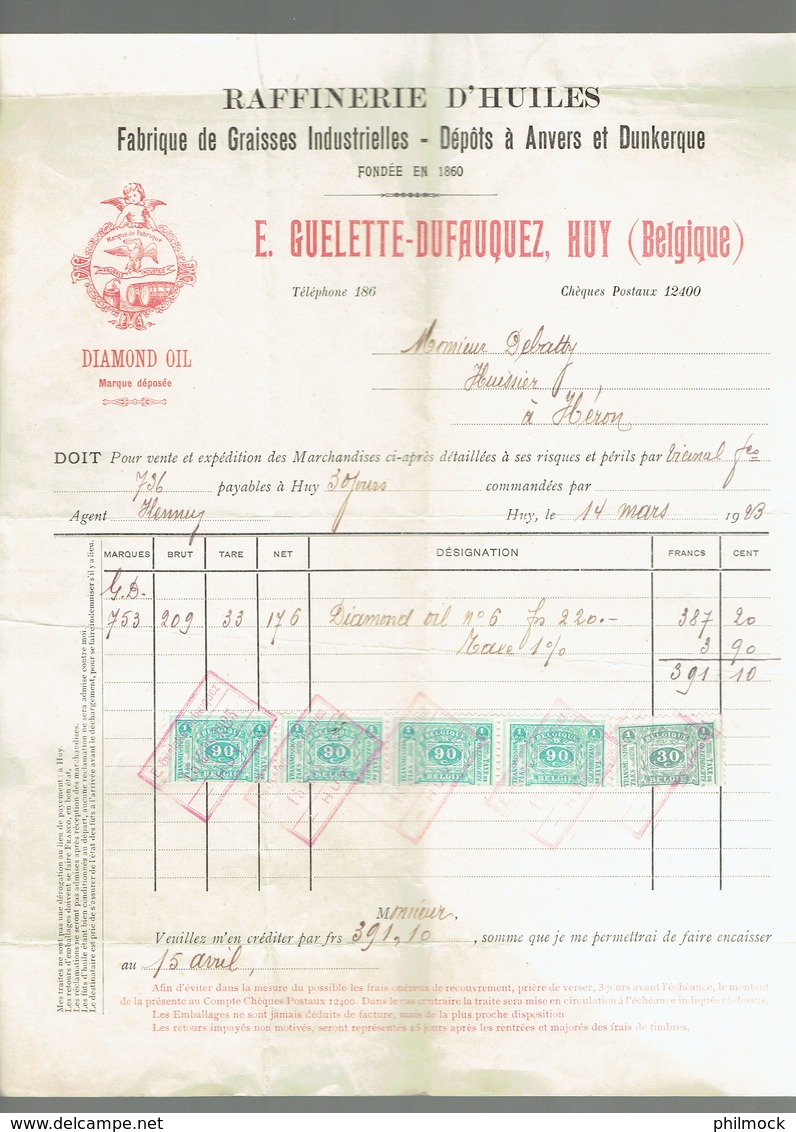 M-Facture - E.Guelette-Dufauquez - Raffinerie D'huiles A Huy Le 14-Mars-1923 Vers Héron - 1900 – 1949