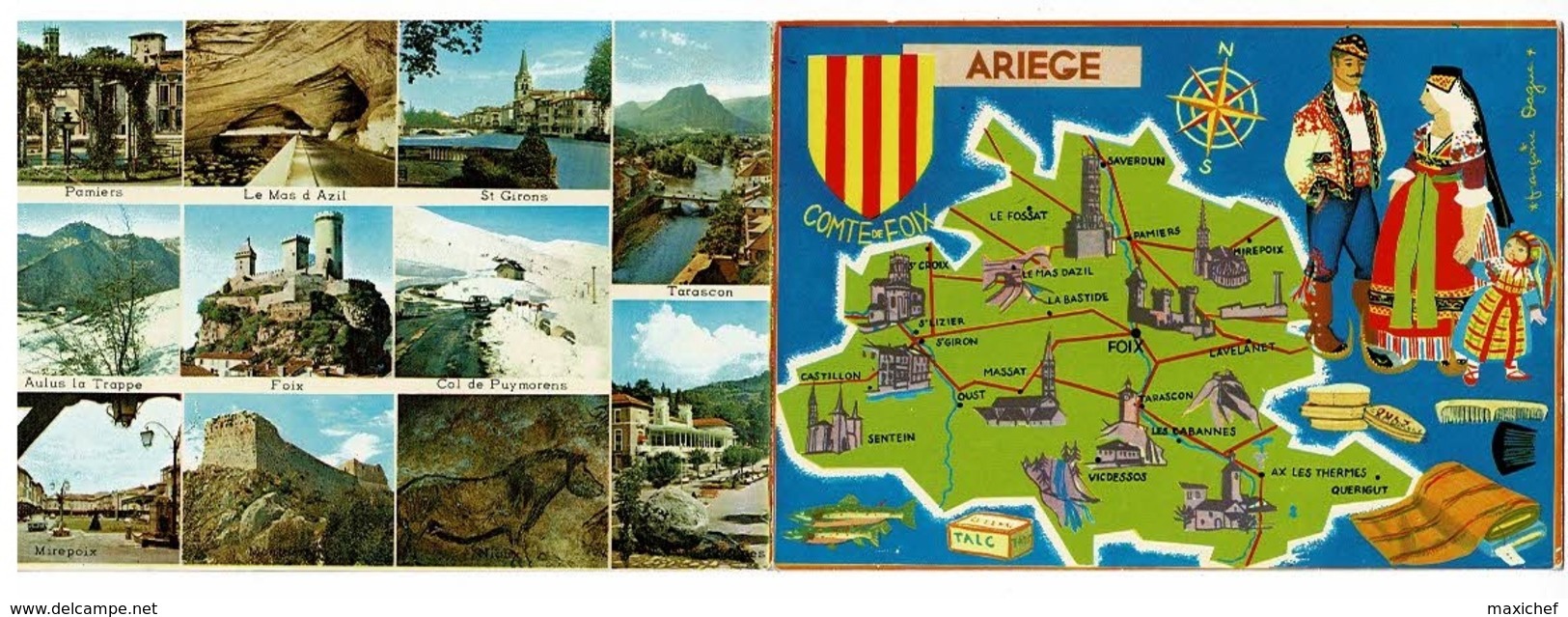 Carte Double - Contour De L'Ariège Illustrée Françoise Dague & Multivues 12 Vues Avec Texte à L'intérieur - Pas Circulé - Cartes Géographiques