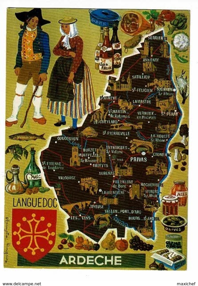 Les Départements Français, Contour De L'Ardèche Illustré Françoise Dague (blason Languedoc) Circulé Sans Date - Cartes Géographiques