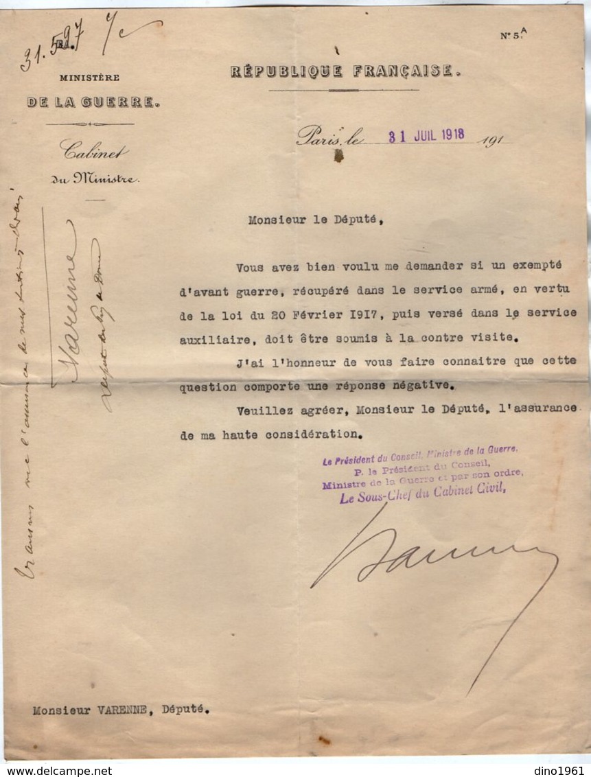 VP14.366 - PARIS 1918 - Guerre 14 / 18 - Lettre Du Ministère De La Guerre Pour Mr Le Député VARENNE - Documenten