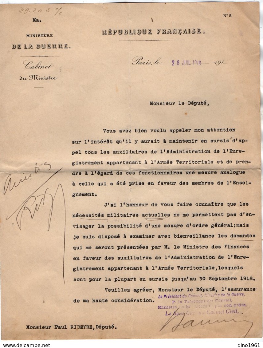 VP14.367 - PARIS 1918 - Guerre 14 / 18 - Lettre Du Ministère De La Guerre Pour Mr Le Député VARENNE - Documenten
