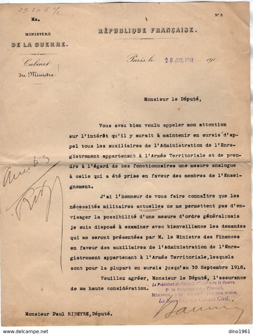 VP14.367 - PARIS 1918 - Guerre 14 / 18 - Lettre Du Ministère De La Guerre Pour Mr Le Député VARENNE - Documenti