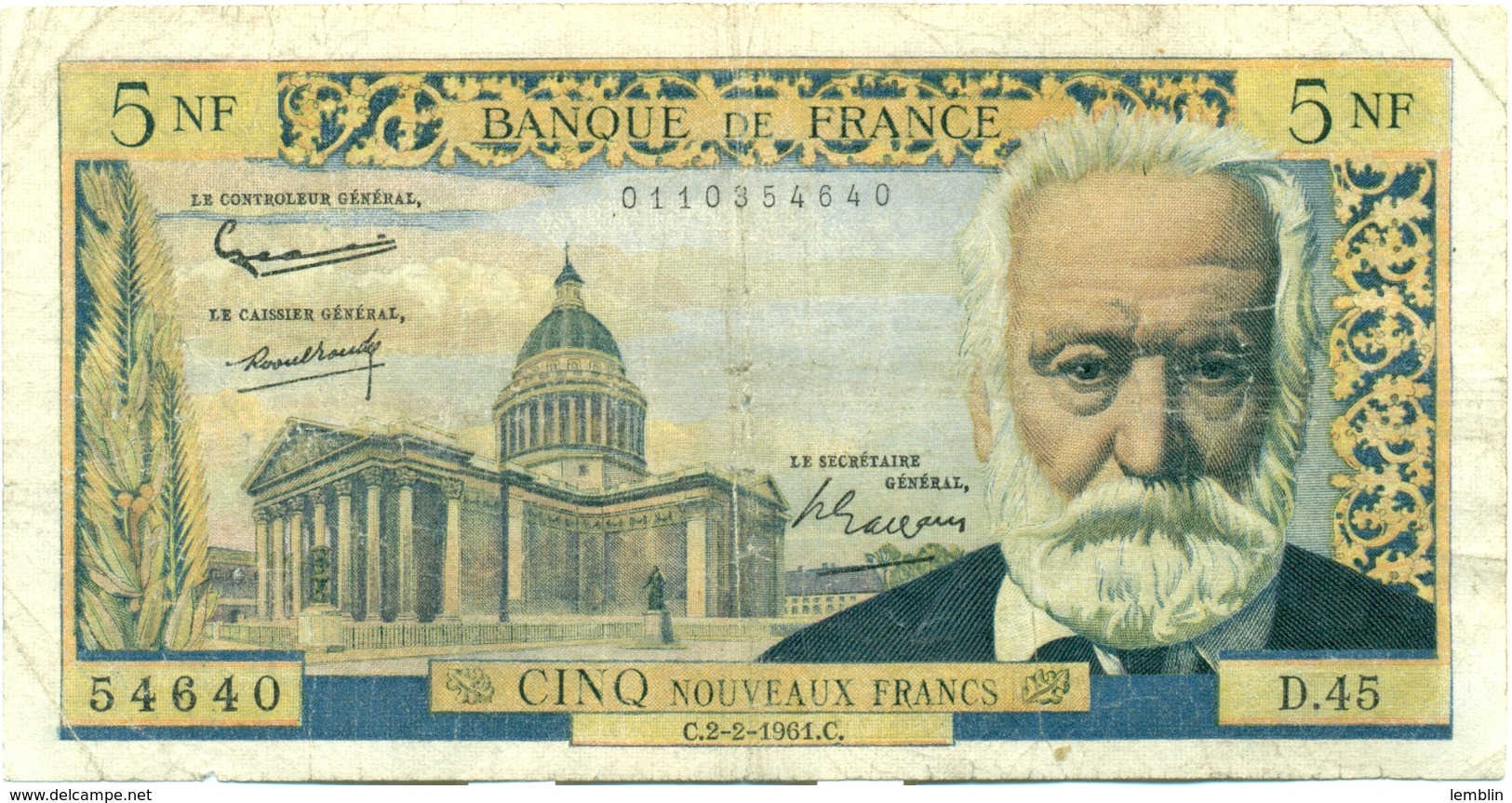 5 NOUVEAUX FRANCS 2 FEVRIER 1961 - 5 NF 1959-1965 ''Victor Hugo''