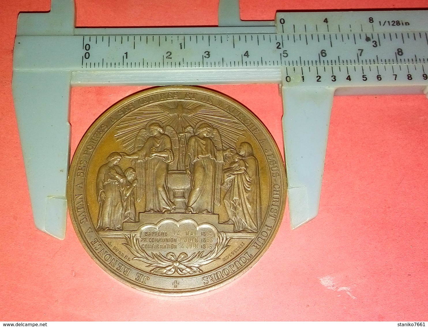 SUPERBE MÉDAILLE CUIVRE  BAPTÊME COMMUNION CONFIRMATION " Je Renonce à Satan ...."  A. BORREL 1862  51 Mm 55 Gr - Autres & Non Classés