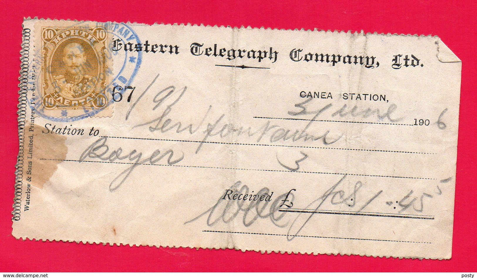 CRETE - CRETA - RECEIPT - RECU - THE EASTERN TELEGRAPH COMPANY - 03/06/1906 - ENVOI DE TELEGRAMME - TELEGRAPH SENDING - - Kreta