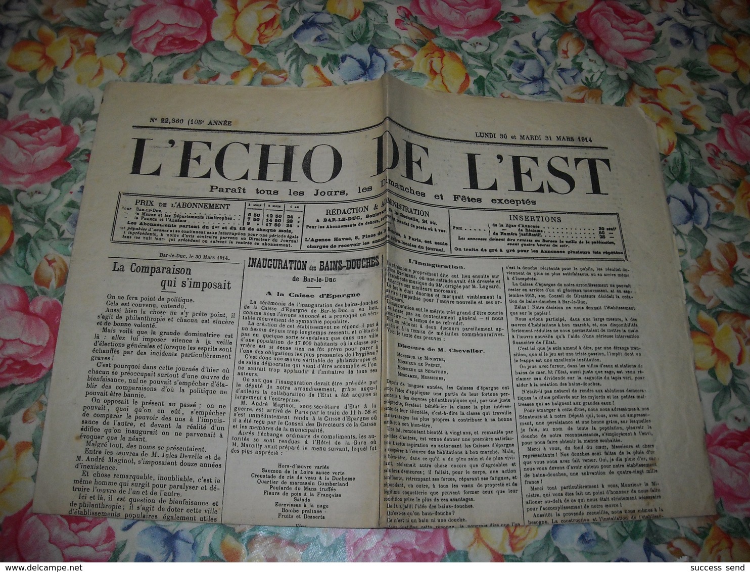 JOURNAL L'ECHO DE L'EST 31 Mars 1914. BAR-LE-DUC L'INAUGURATION DES BAINS DOUCHES Pôl CHEVALIER, MAGINOT - Autres & Non Classés