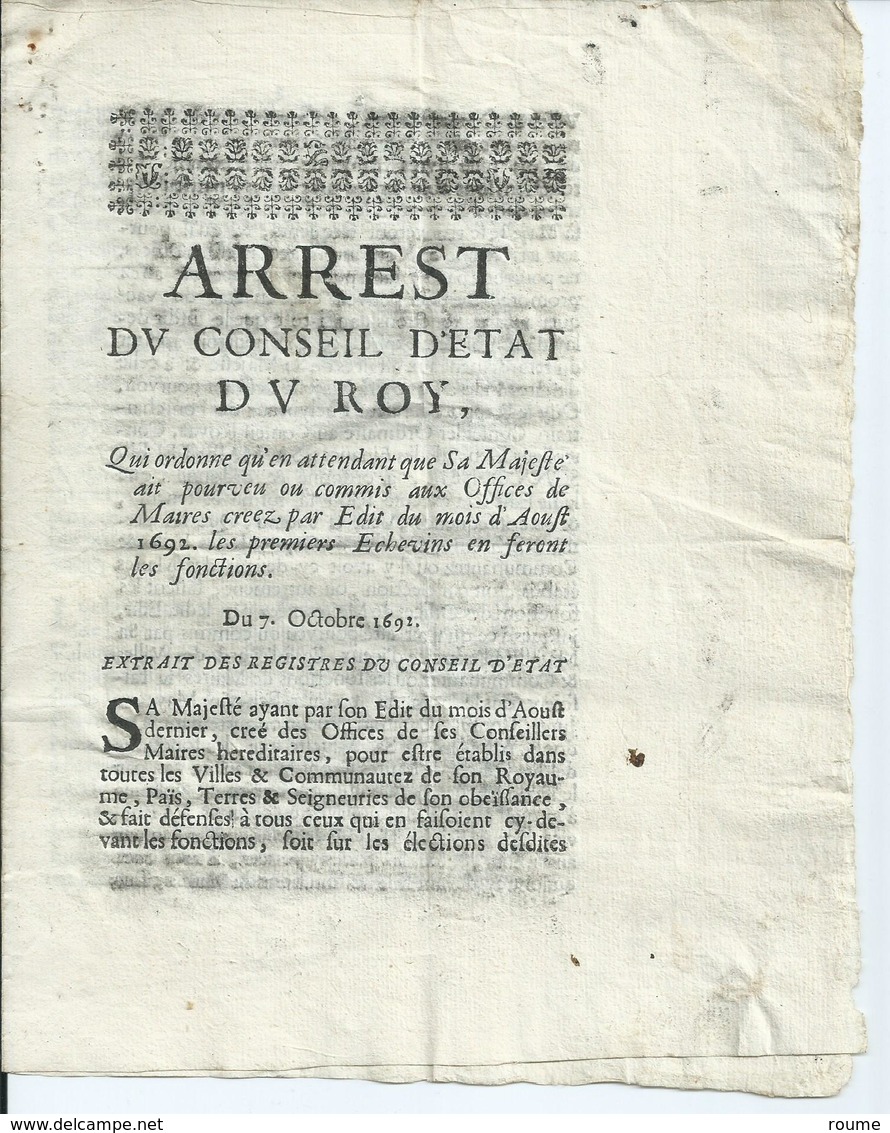 AIX - 1692 - ARREST Du Conseil D'ÉTAT Du ROY - Décrets & Lois
