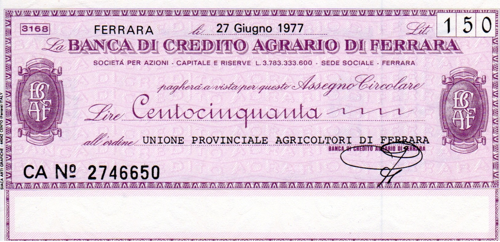 Banca Di Credito Agrario Di Ferrara/Unione Provinciale Agricoltori 150 Lire,  1977 NEU - UNBENÜTZT - Sonstige & Ohne Zuordnung