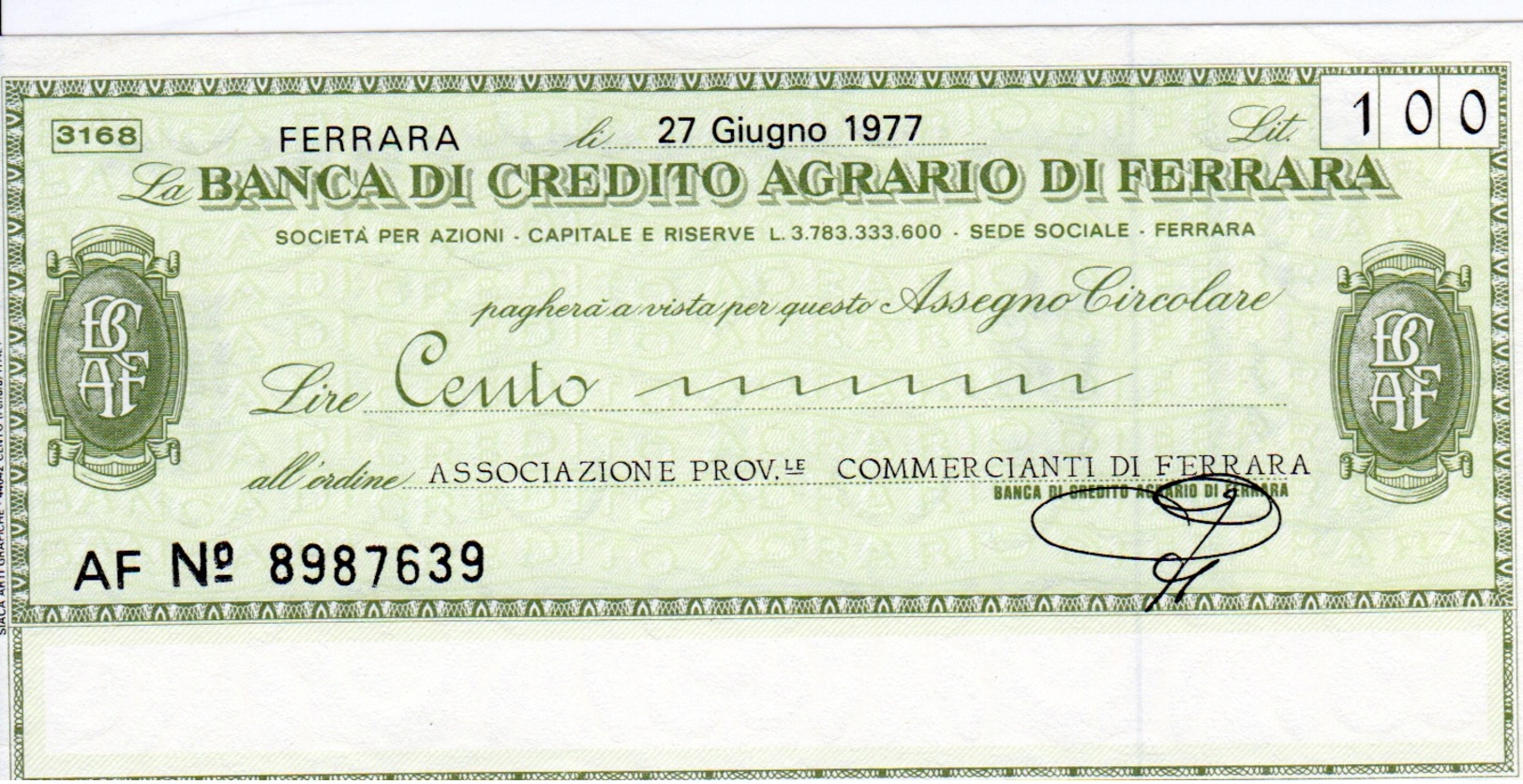 Banca Di Credito Agrario Di Ferrara/Associazione Prov. Commercianti, 100 Lire, NEU - 1977, UNBENÜTZT - Sonstige & Ohne Zuordnung