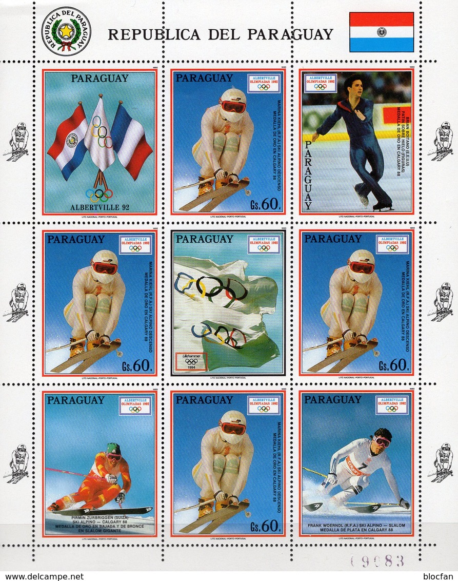 Winter-Olympia 1992 Paraguay 4471/4+KB ** 16€ Ski-Läuferin Kiehl Alpine Skilauf Abfahrtslauf Sport Sheetlet Olympic - Winter (Other)