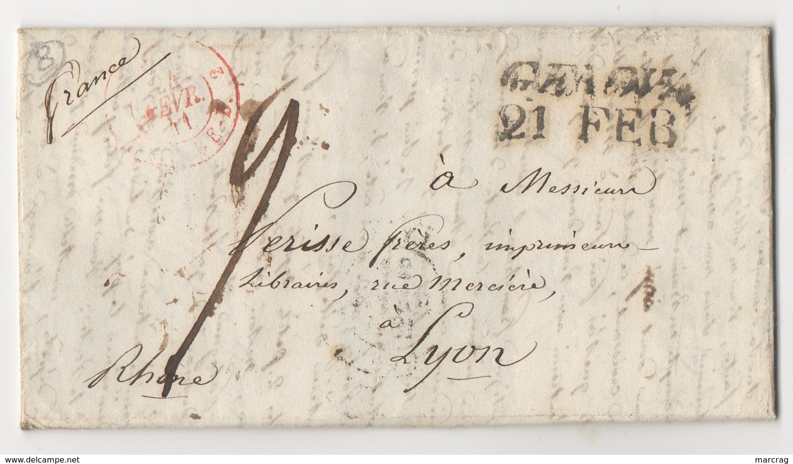 LETTRE DE GENOVA POUR LYON DU 17/02/1841 - 1. ...-1850 Prefilatelia