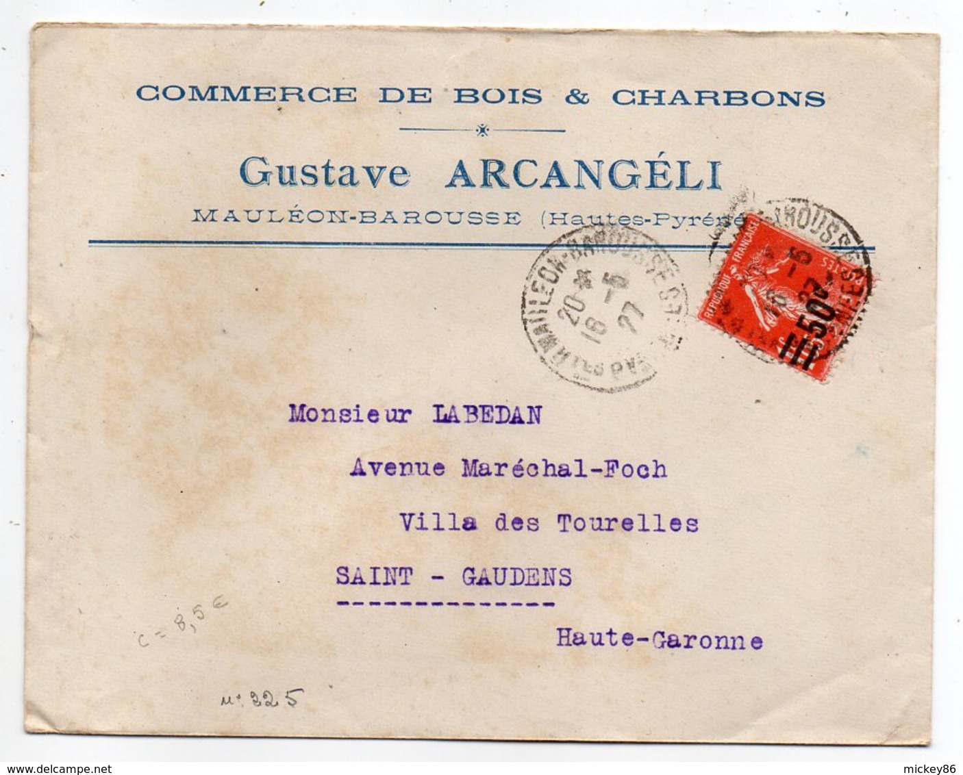 1927--Lettre De MAULEON-BAROUSSE-65 Pour St GAUDENS-31--type Semeuse Surchargé N°225 Seul Sur Lettre--Bois-Charbons - 1921-1960: Période Moderne