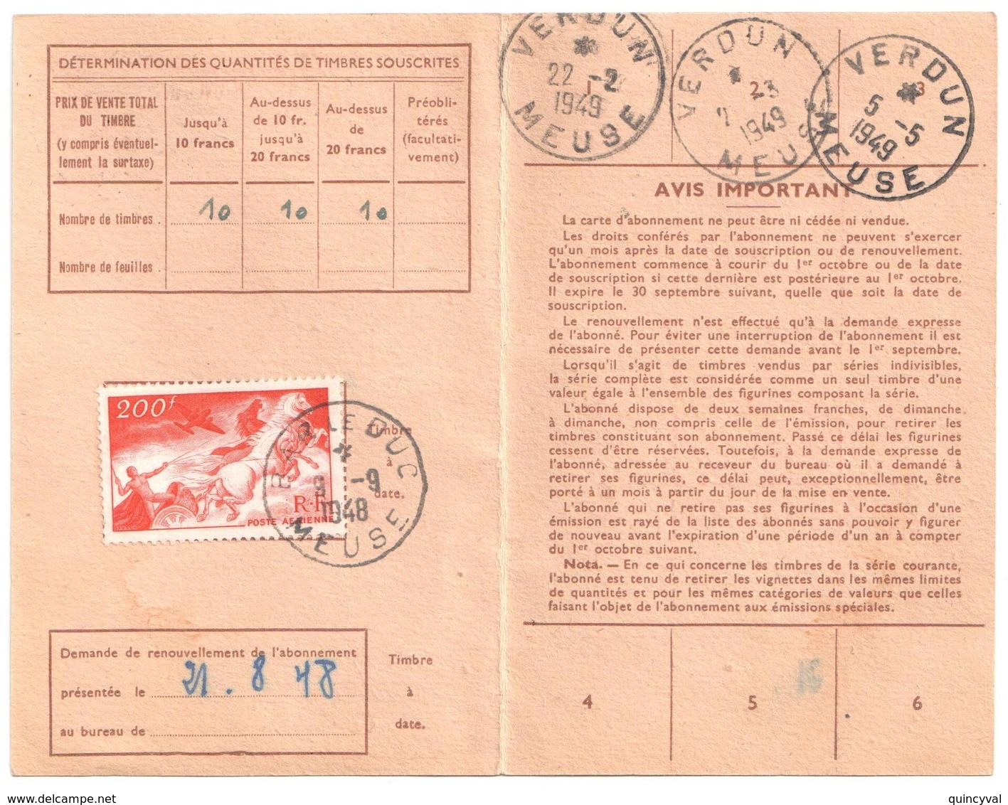 Carte D'abonnement Aux émissions 200 F Char Du Soleil Poste Aérienne Yv PA19 Ob 9 9 1948 Bar Le Duc Meuse - Lettres & Documents