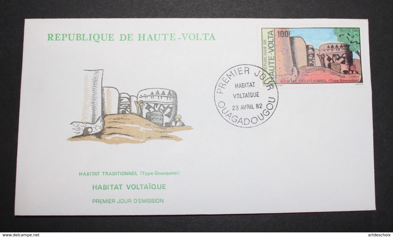 Enveloppe-1-jour-Haute-volta-Habitat-voltaique-23-Avril-1982-100-cfa - Haute-Volta (1958-1984)