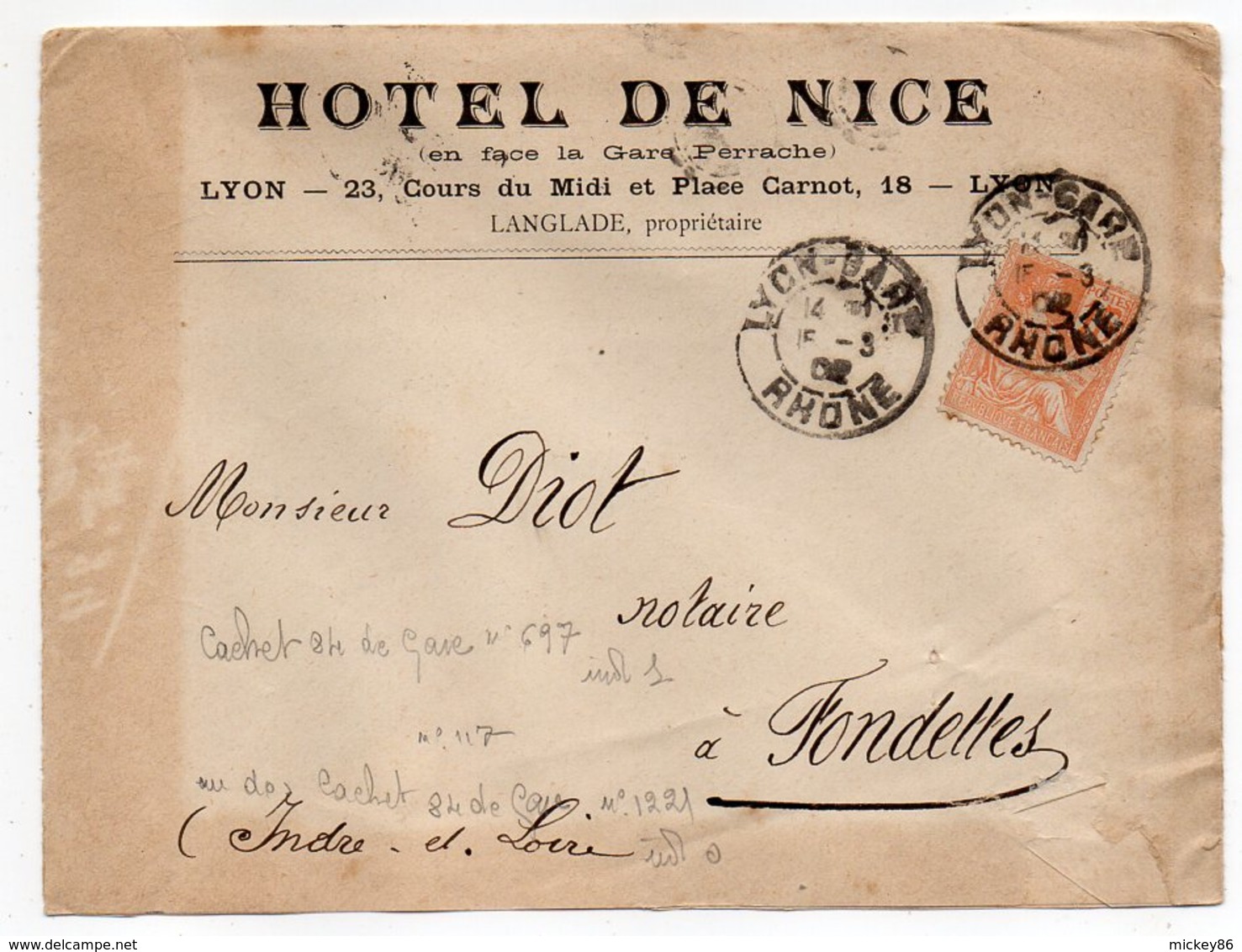 1902--Lettre De LYON-GARE--69 Pour FONDETTES-37--type Mouchon Sur Lettre-Hôtel De Nice--cachets-- - 1877-1920: Période Semi Moderne