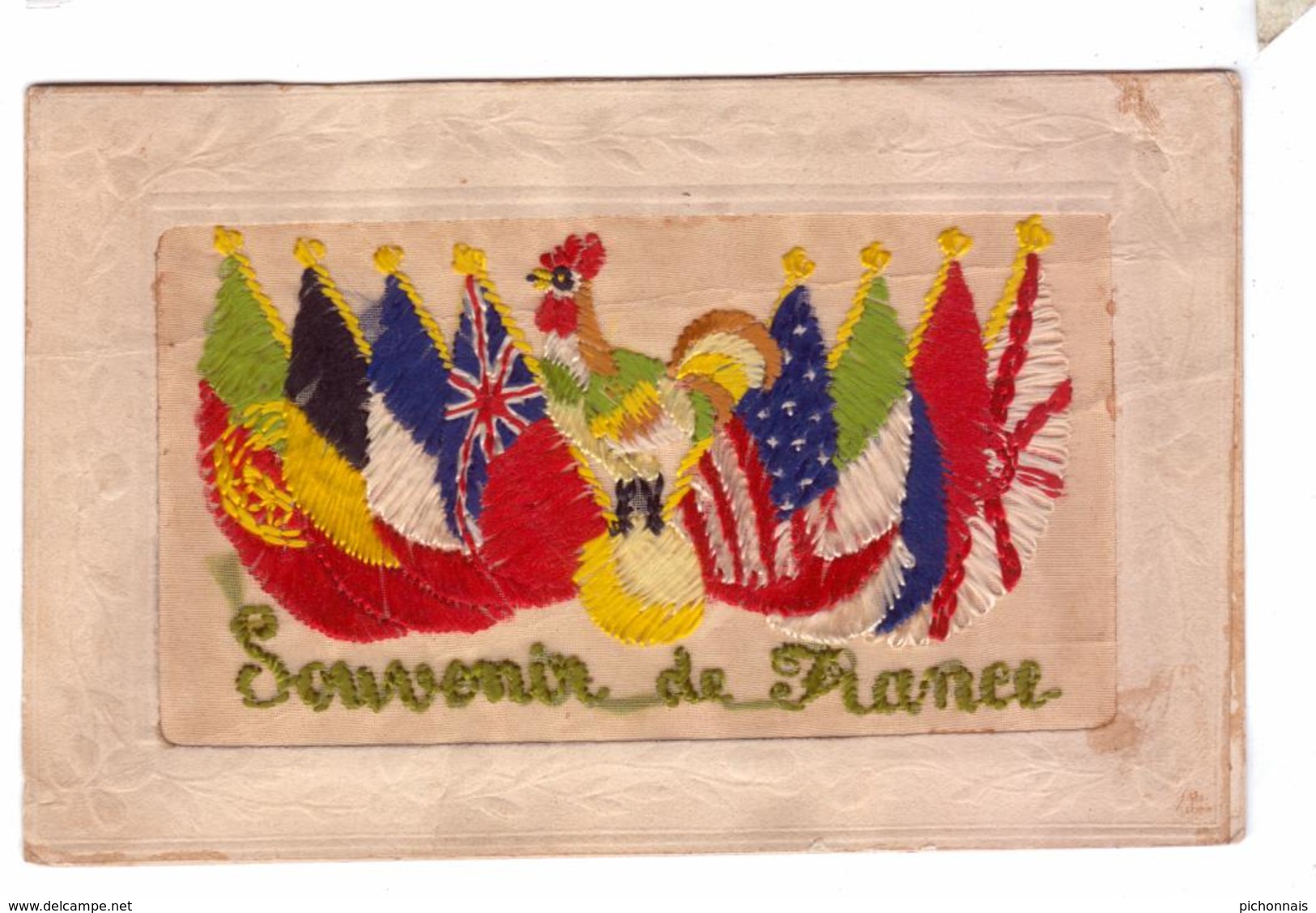 GUERRE 14 18 Carte Brodee Coq Francais Souvenir Lettre Soldat Americain 1918  Drapeaux Allies Embroidered Card - Brodées