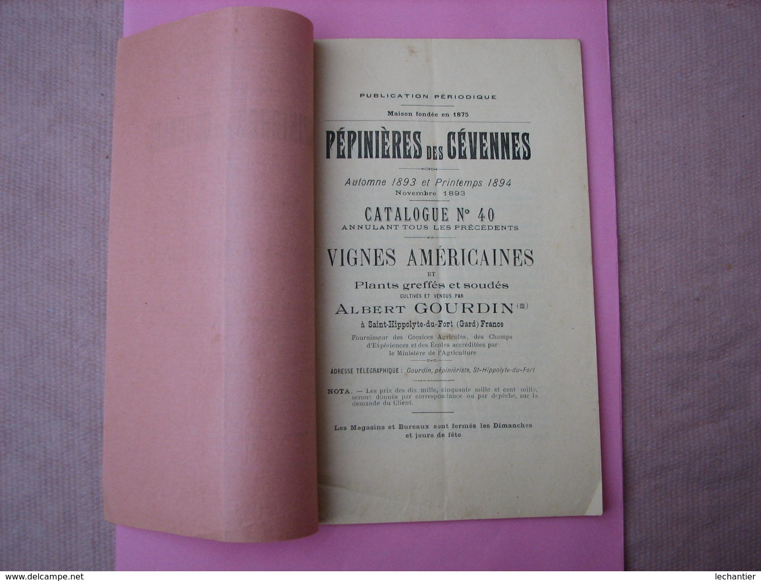 Pepinieres Des Cevennes Catalogue 1893/94 Plants De Vignes Américaines Greffés Et Soudés 70 Pages TBE - Autres & Non Classés