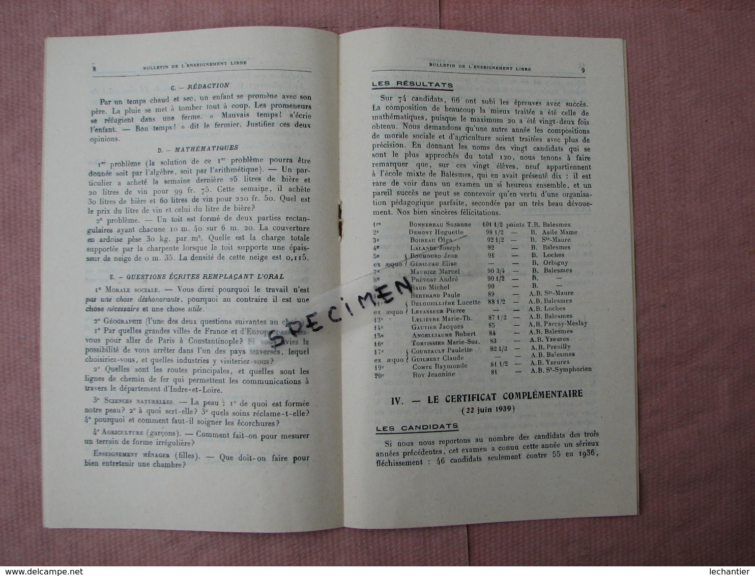 TOURS Juillet 1939 Bulletin De L'enseignement Libre, Imprimerie Mame 16 Pages 135X220 TBE - Diplômes & Bulletins Scolaires