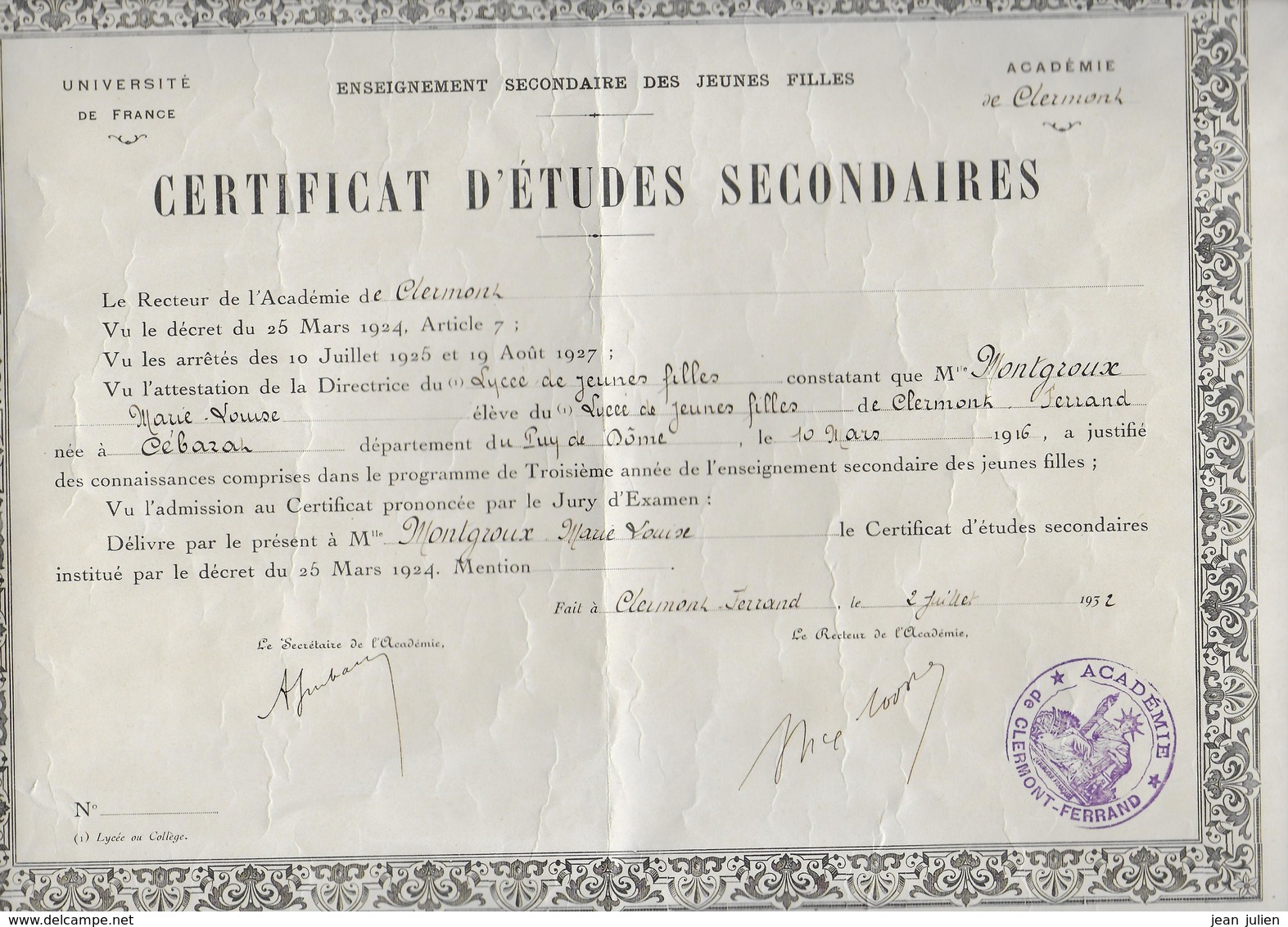 DIPLOME - Certificat D'études Secondaires - 1932 - - Diplomi E Pagelle