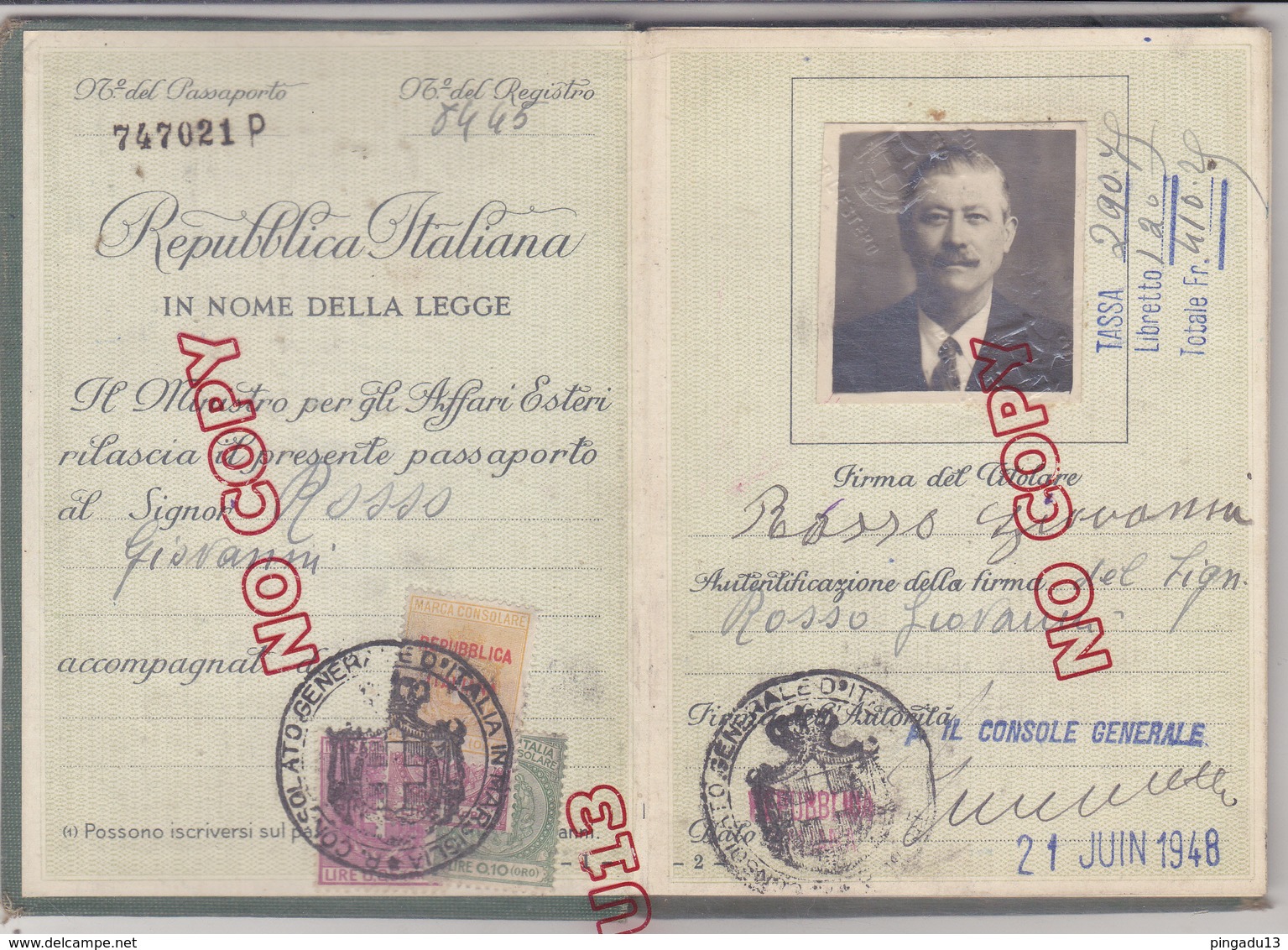 Passaporto Per L'estero Passeport Italie Timbre Fiscal France 21 Juin 1948 Très Bon état - Otros & Sin Clasificación