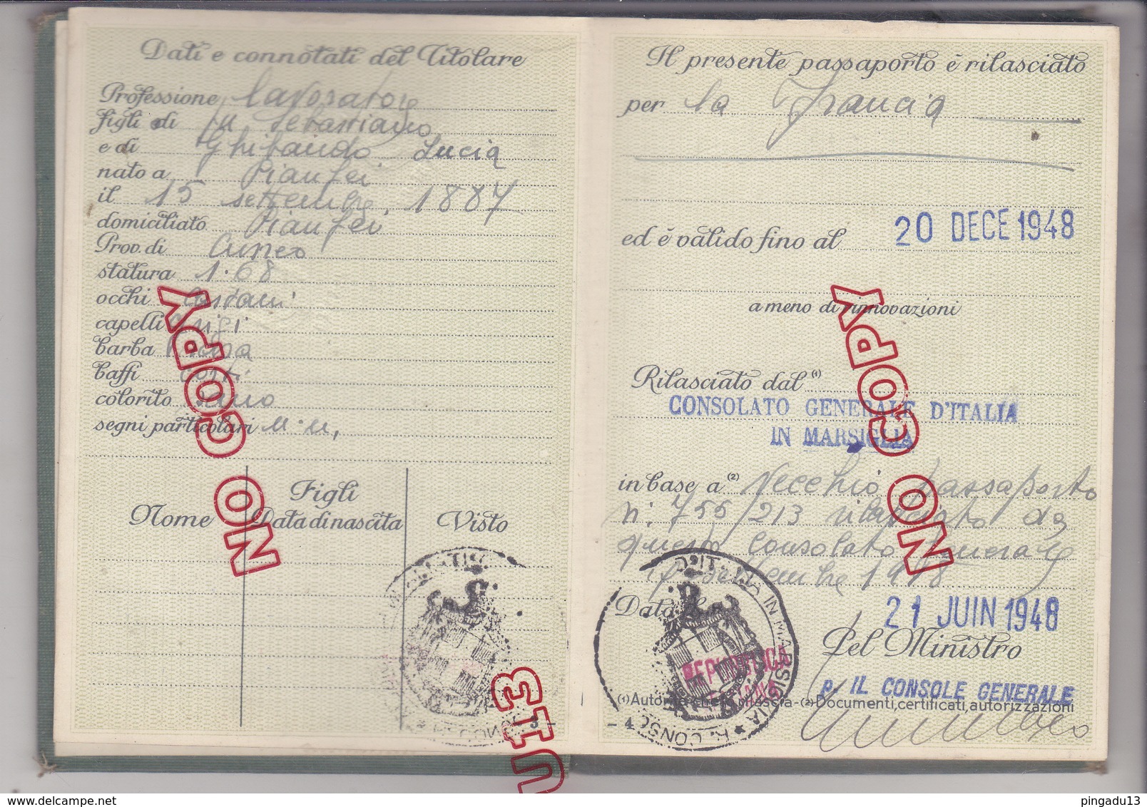 Passaporto Per L'estero Passeport Italie Timbre Fiscal France 21 Juin 1948 Très Bon état - Altri & Non Classificati