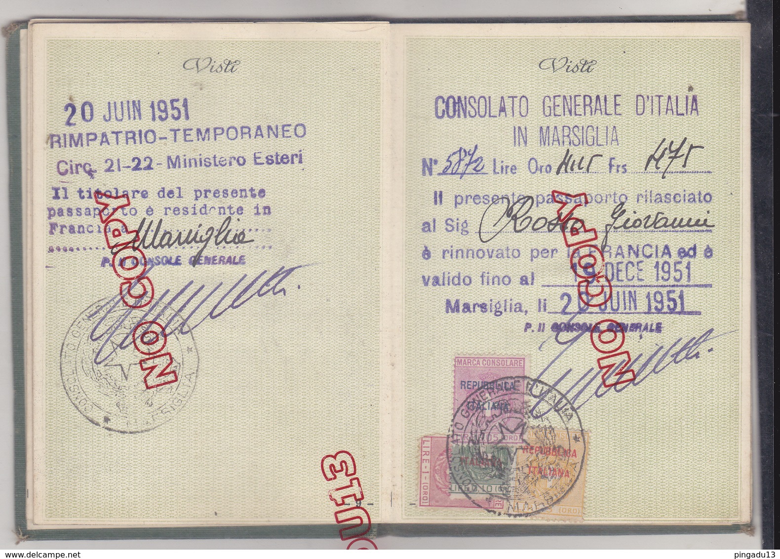 Passaporto per l'estero passeport Italie timbre fiscal France 21 juin 1948 très bon état